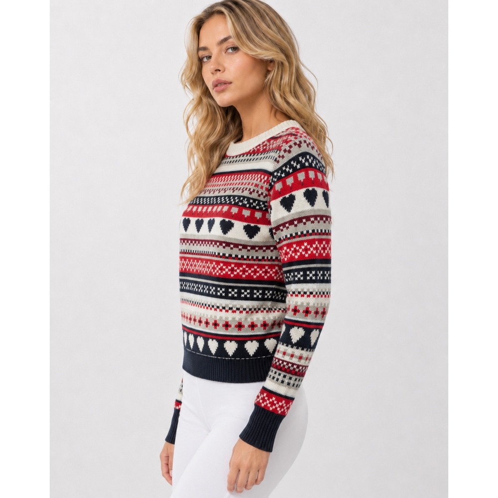 J.Crew Mercantile Fair Isle Heart Cotton Sweater Red Navy Tagged XL Fits S